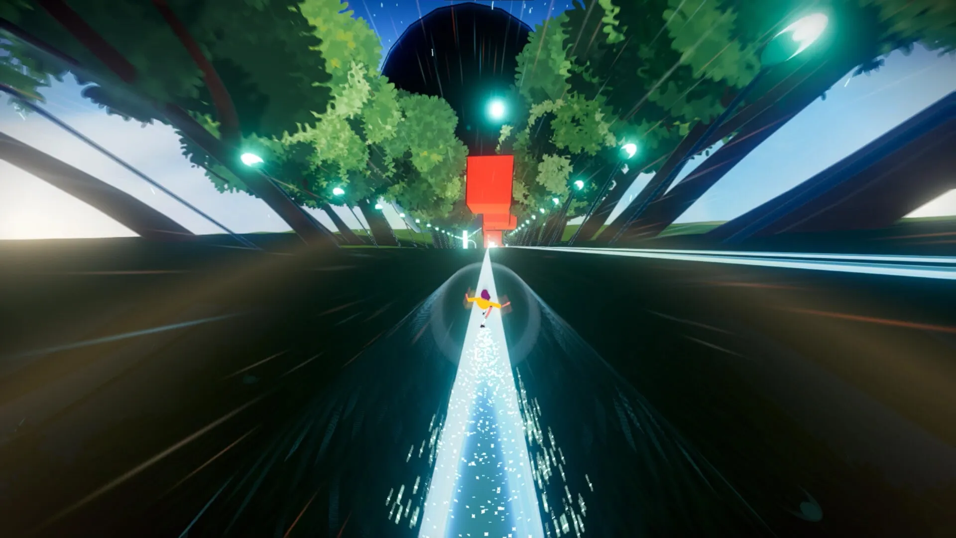 Infinity Girl: Racing on glowing path through forest with vibrant trees and geometric obstacles ahead