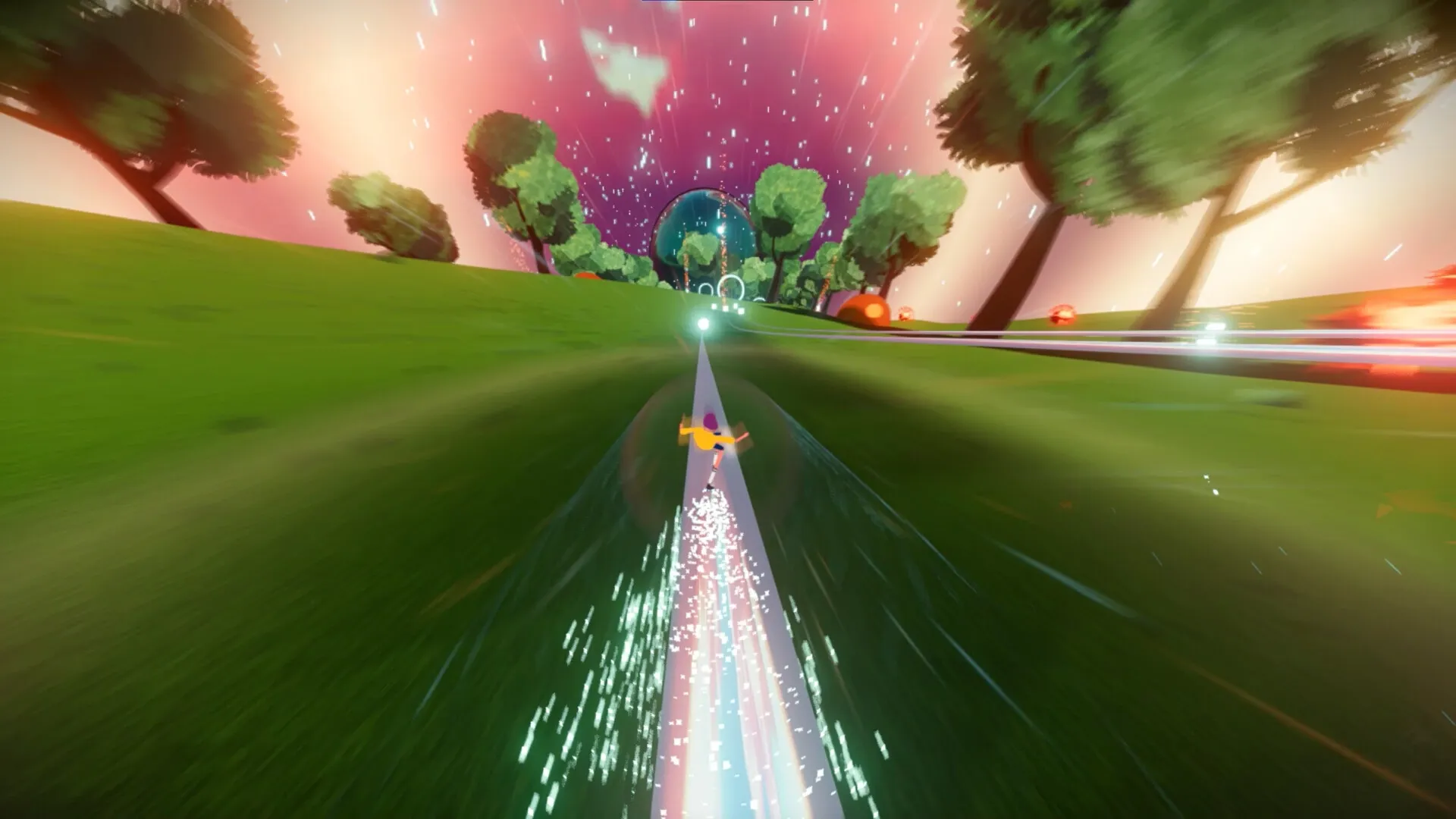Infinity Girl: Character racing on vibrant, winding track with glowing trees and dynamic sky backdrop