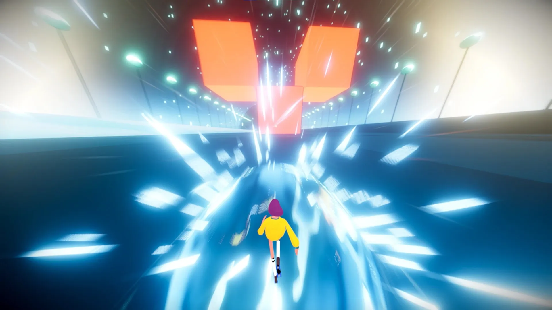 Infinity Girl: Player character in yellow jacket racing towards glowing orange cubes in neon tunnel
