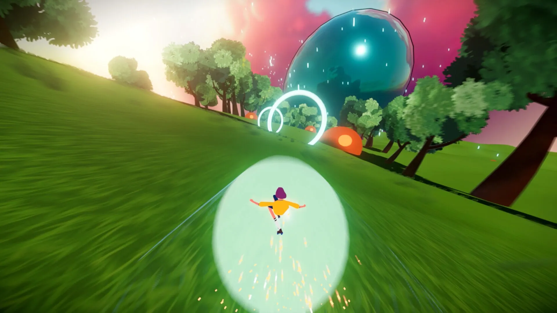 Infinity Girl: Character dashing through glowing rings in a vibrant, colorful forest landscape