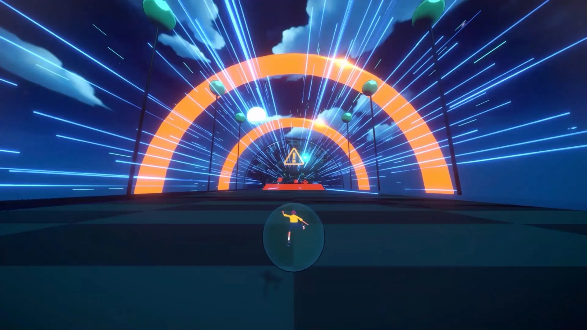 Infinity Girl: Racing through neon rings with colorful light streaks in a futuristic night sky setting