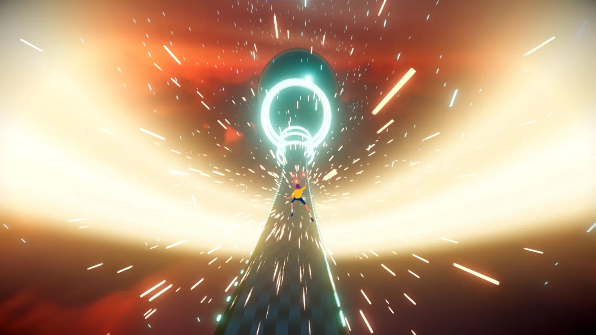 Infinity Girl: Character races up a glowing tunnel with bright light effects in a dynamic, rhythmic world