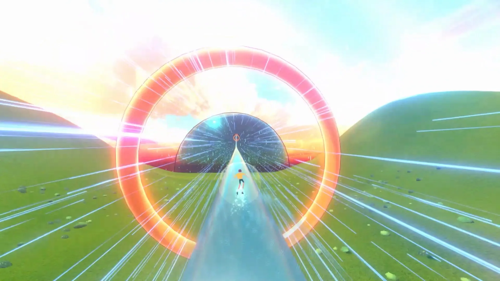Infinity Girl: Character surfing through neon ring on vibrant green landscape with glowing sky