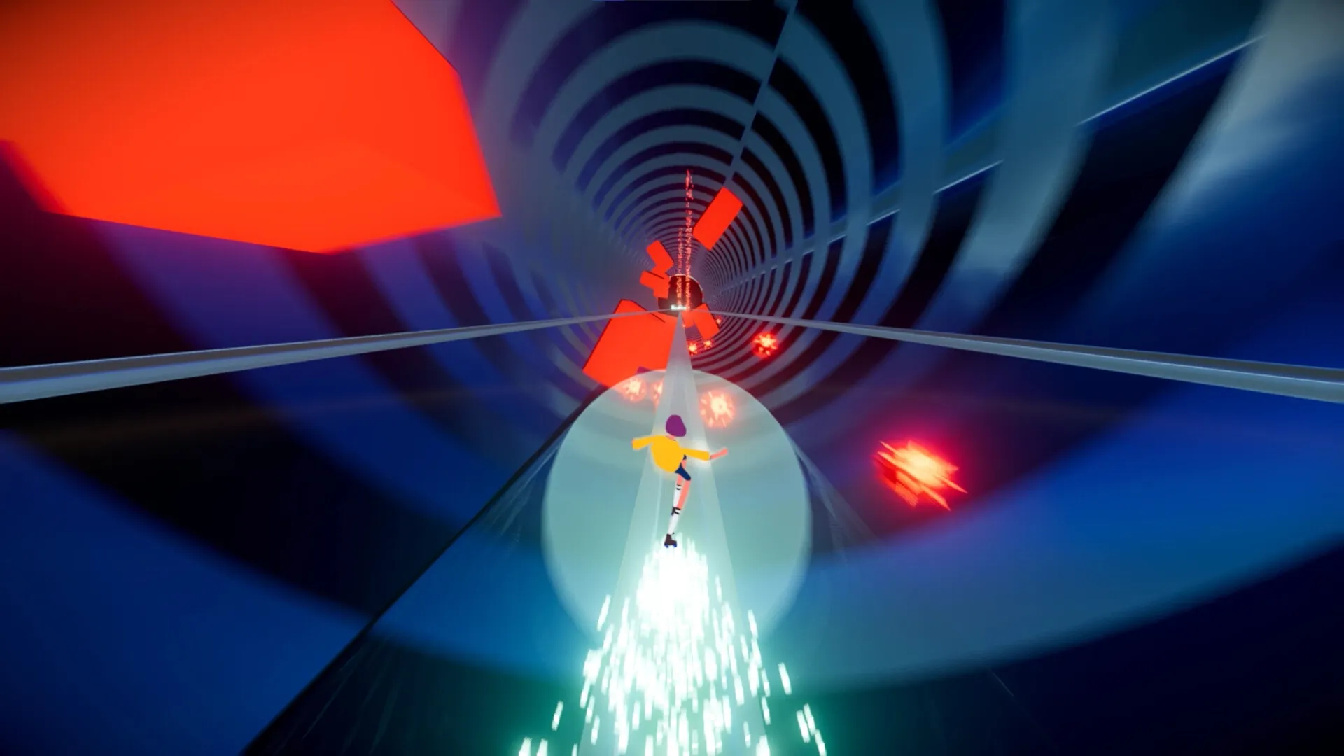 Infinity Girl: Racing down a vibrant neon tunnel, dodging red obstacles and leaving a trail of light.