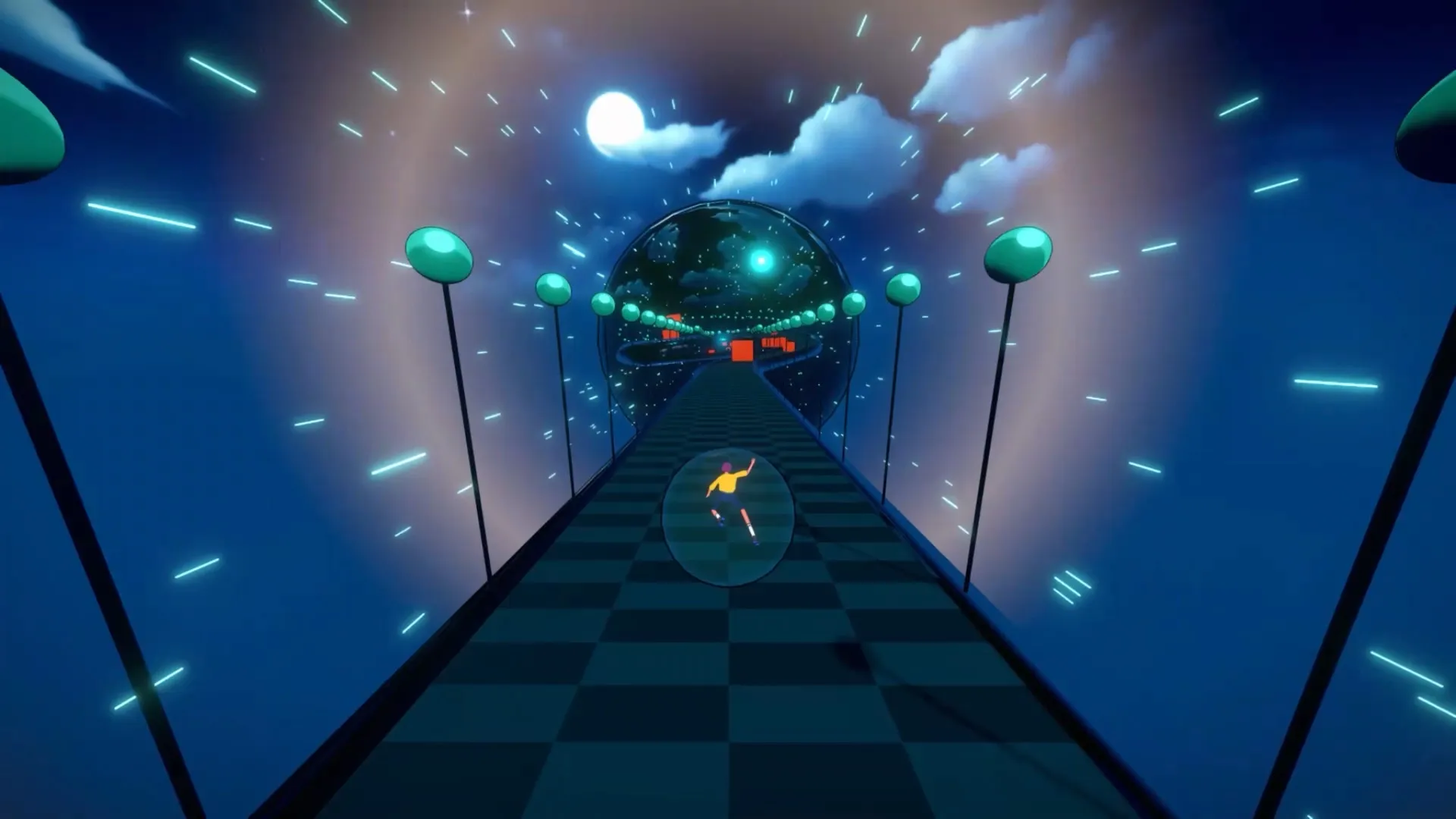 Infinity Girl: Racing down a futuristic track with glowing lights and obstacles in a cosmic tunnel environment