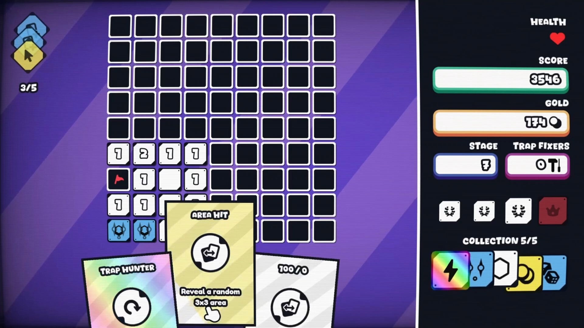 Infinity Sweeper: Grid navigation with traps, cards, and UI showing health, score, and stage details.