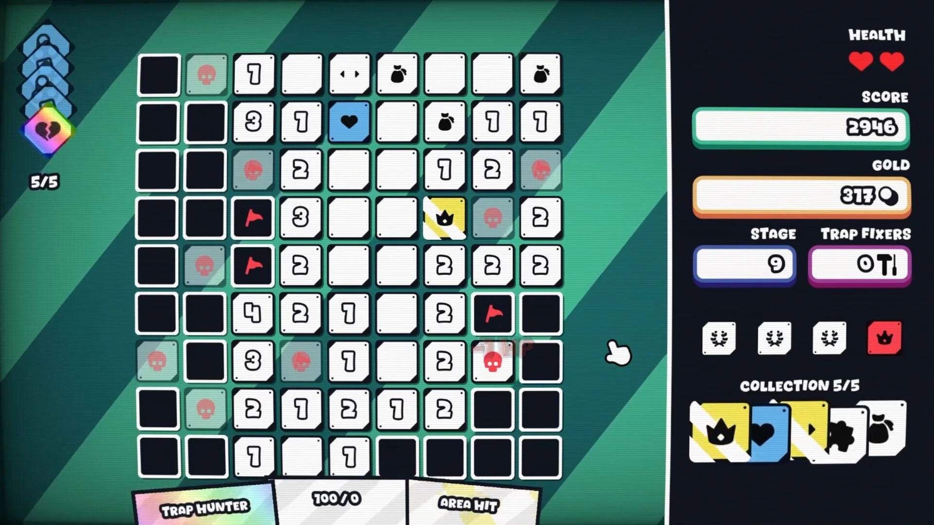 Infinity Sweeper: Grid-based puzzle with numbers, flags, and health bar on strategic gameplay interface.