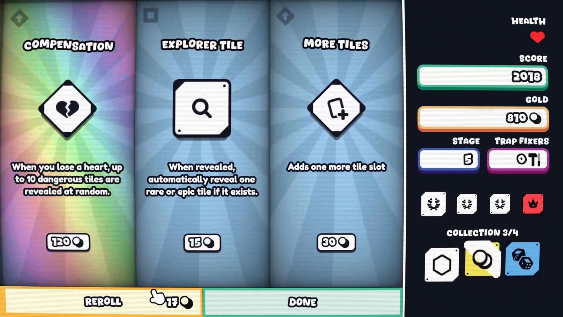 Infinity Sweeper: Upgrade selection screen with options for compensation, explorer, and more tiles visible.