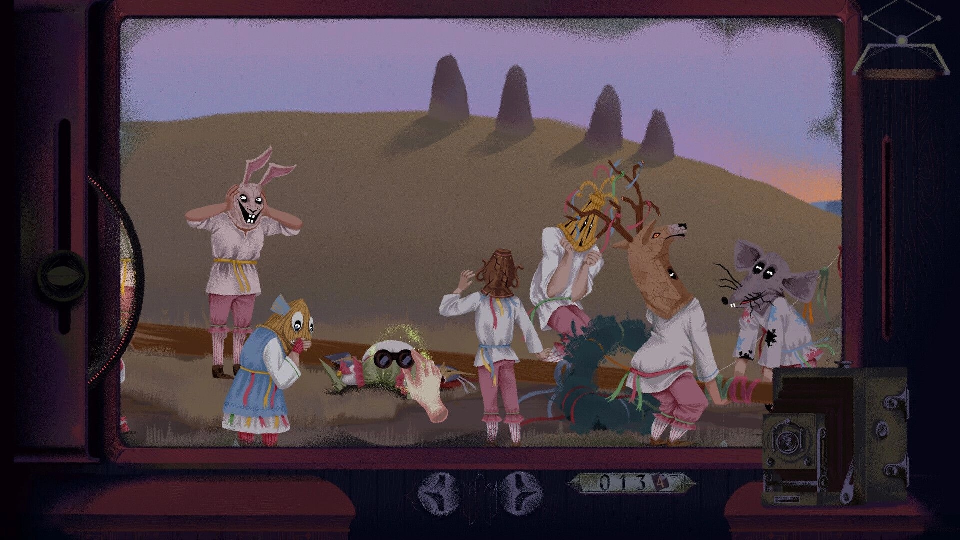 Inkblood: Masked cultists surround a severed hand and corpse on a hillside, framed by UI buttons.