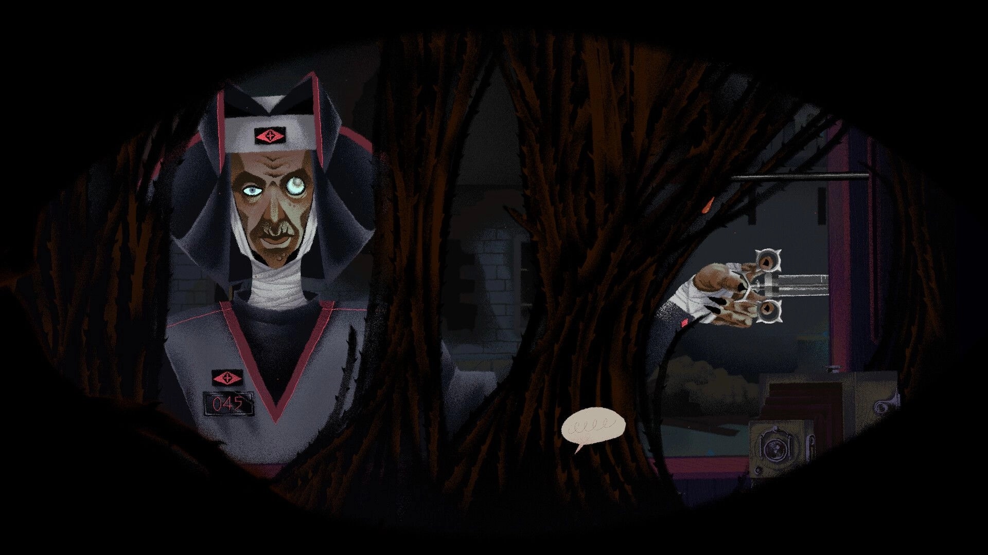 Inkblood: Binocular view of a uniformed man in a dark courtyard, with a hanging body in distance.