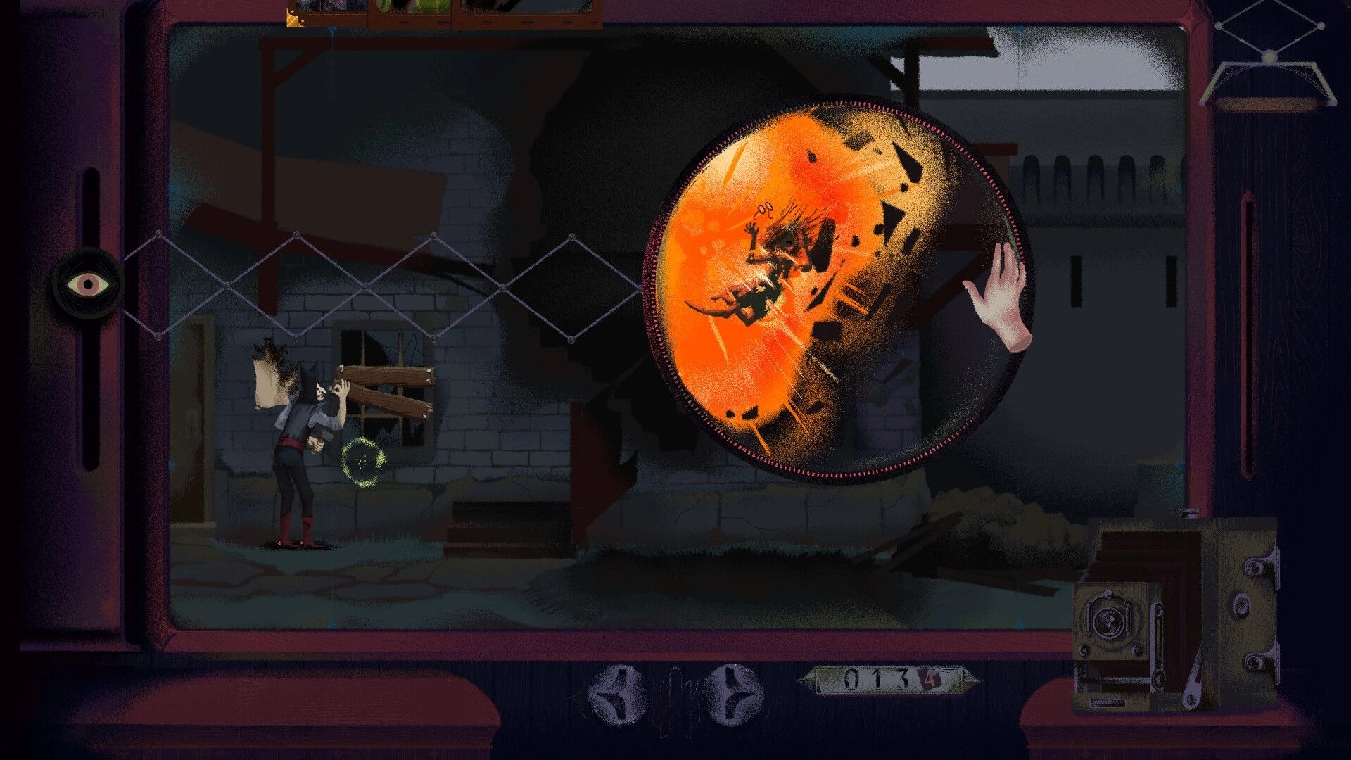 Inkblood: Investigator examines boarded window as a huge orange vision orb hovers in ruined alley UI.