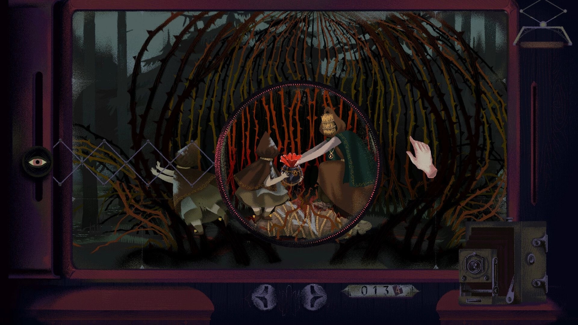Inkblood: Circular vignette shows cloaked figures around a red idol in a thorny forest UI frame.
