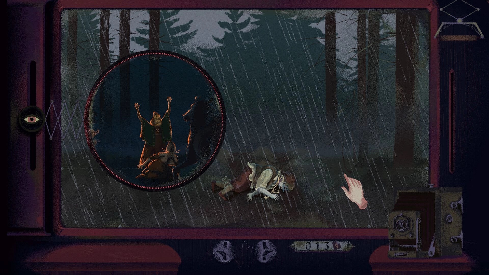 Inkblood: Circular viewfinder highlights a ritual scene beside bodies in a rainy forest investigation UI.