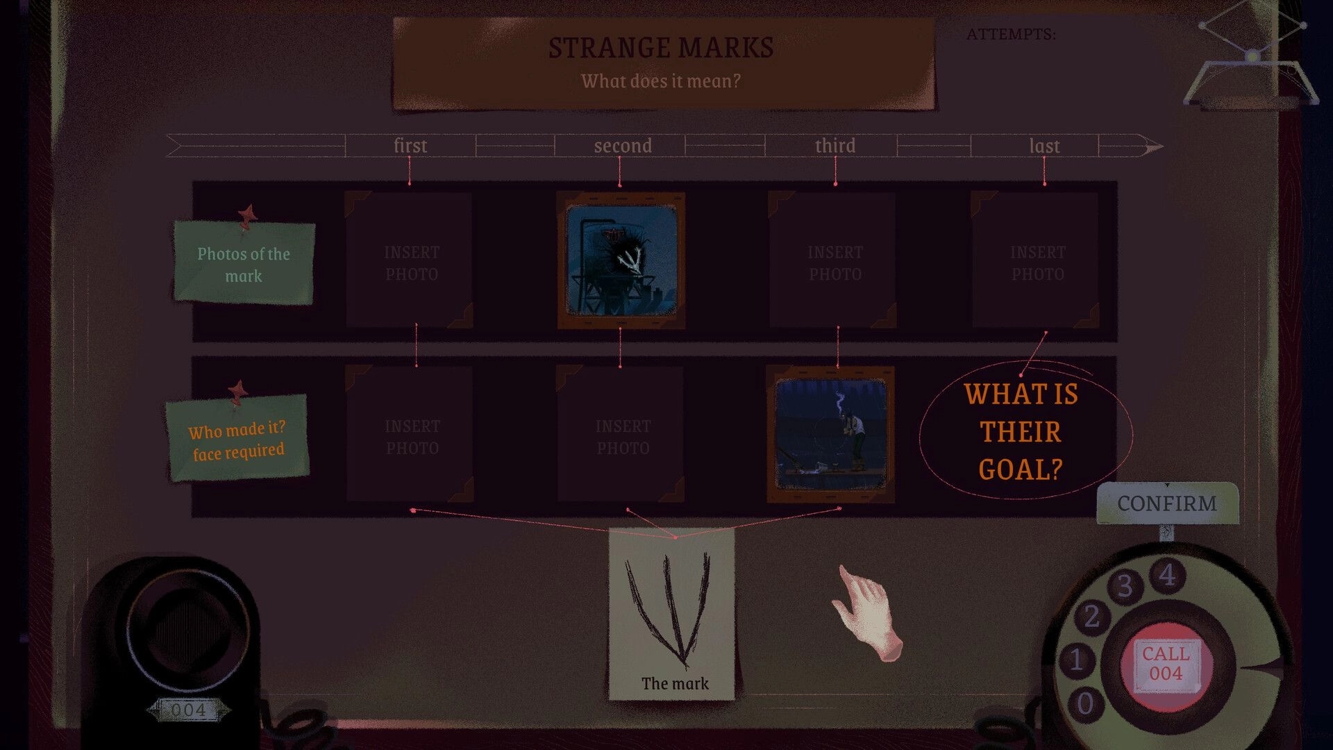 Inkblood: Evidence board puzzle with photo slots, red string links, and confirm button on desk.