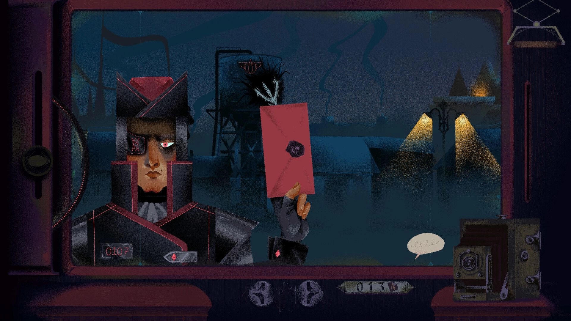 Inkblood: Inquisitor holds a sealed red letter in a train window, foggy village and UI dials visible.