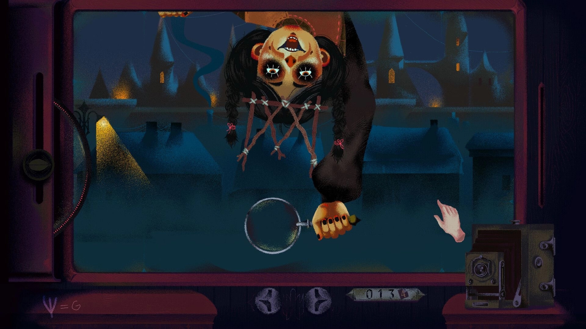 Inkblood: Upside-down doll-like woman with stitched face in window UI over a dark town backdrop.