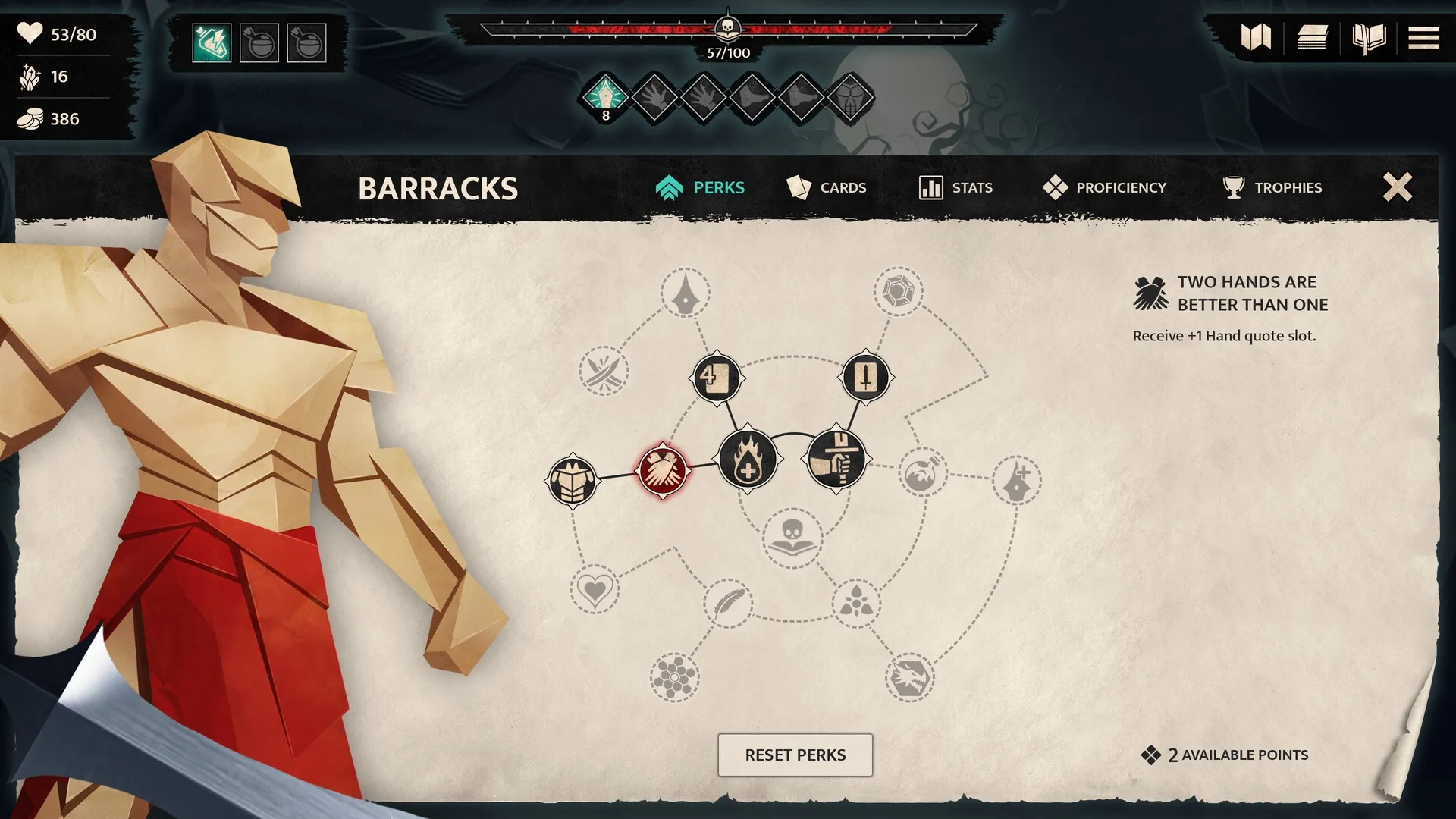 Inkborn: Character perk tree in barracks with available points and "Two Hands Are Better Than One" perk