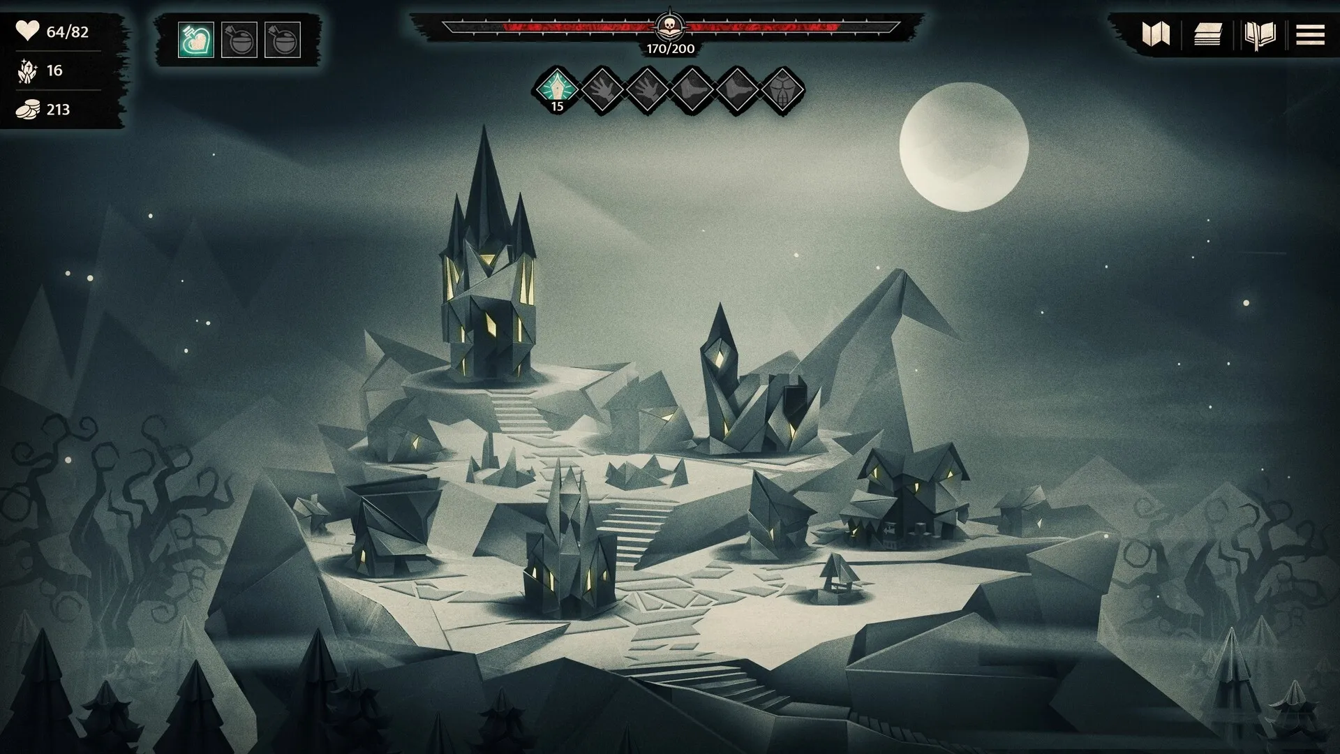 Inkborn: Moonlit village with mysterious buildings and eerie trees under a starry night sky.