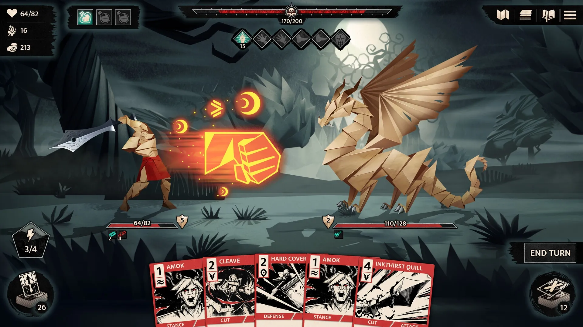 Inkborn: Hero battling a dragon with cards in dark forest, health and cards displayed prominently