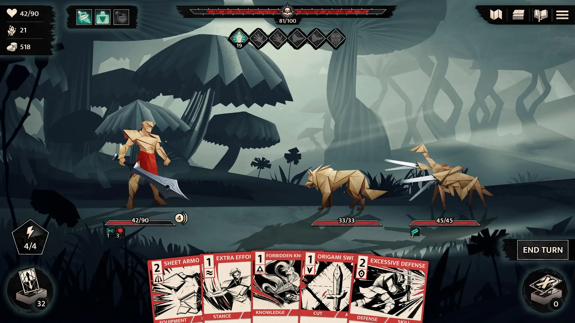 Inkborn: Hero battles origami creatures in forest with health, energy, and card deck visible on screen.
