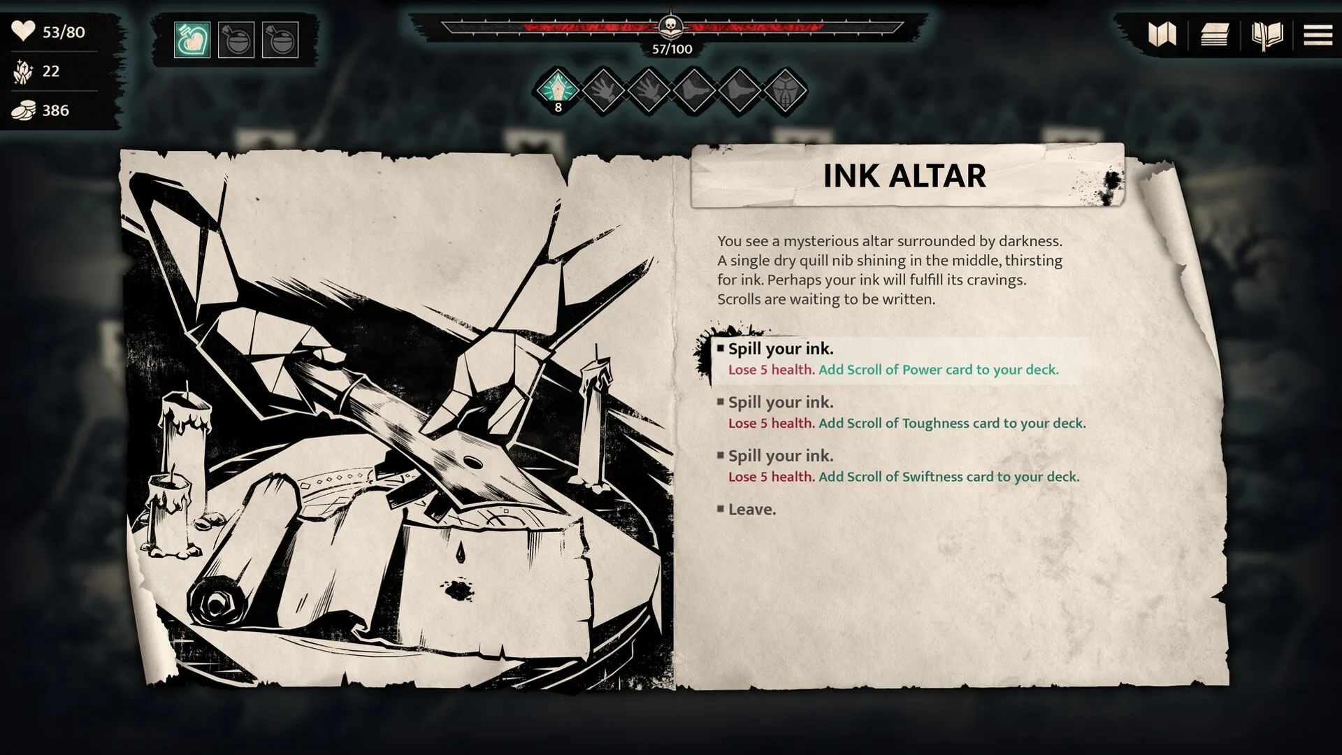 Inkborn: Ink Altar with quill and scrolls, offering choices to lose health for card rewards in dark setting.