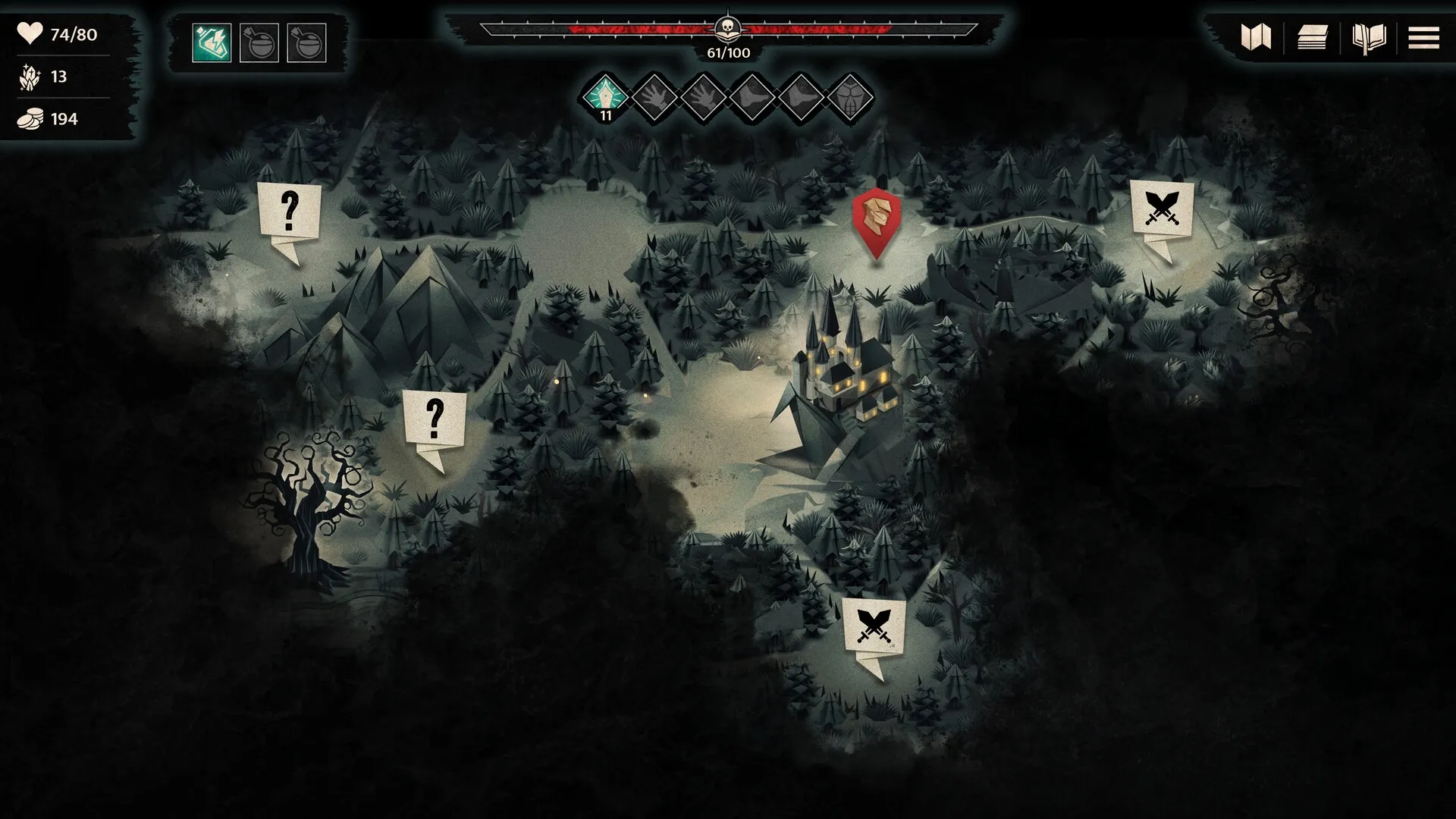 Inkborn: Dark forest map with enemy icons, question marks, and a castle in a misty environment.