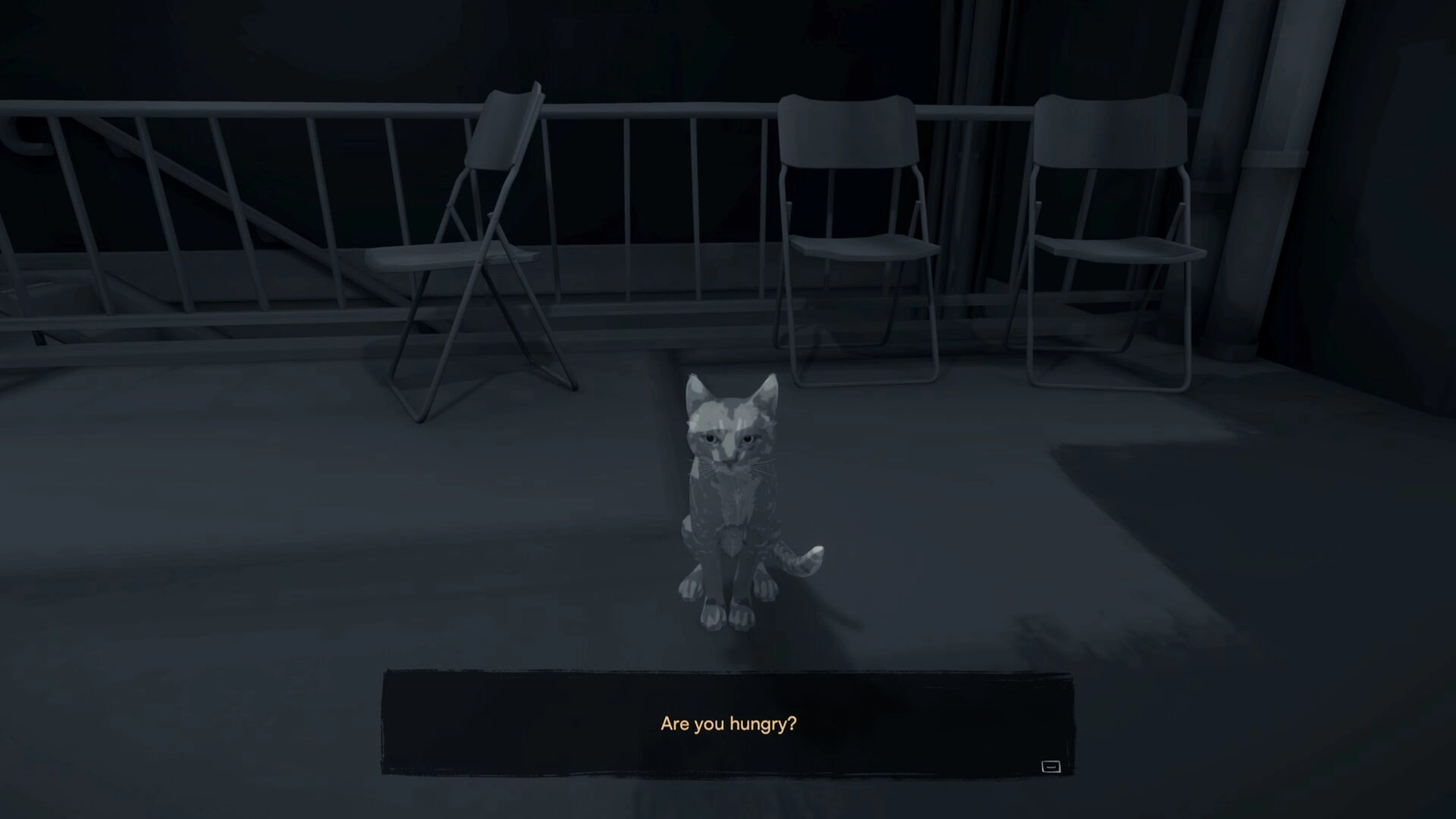 Inkression: Cat sits on the dark balcony with folded chairs, text box reads "Are you hungry?"