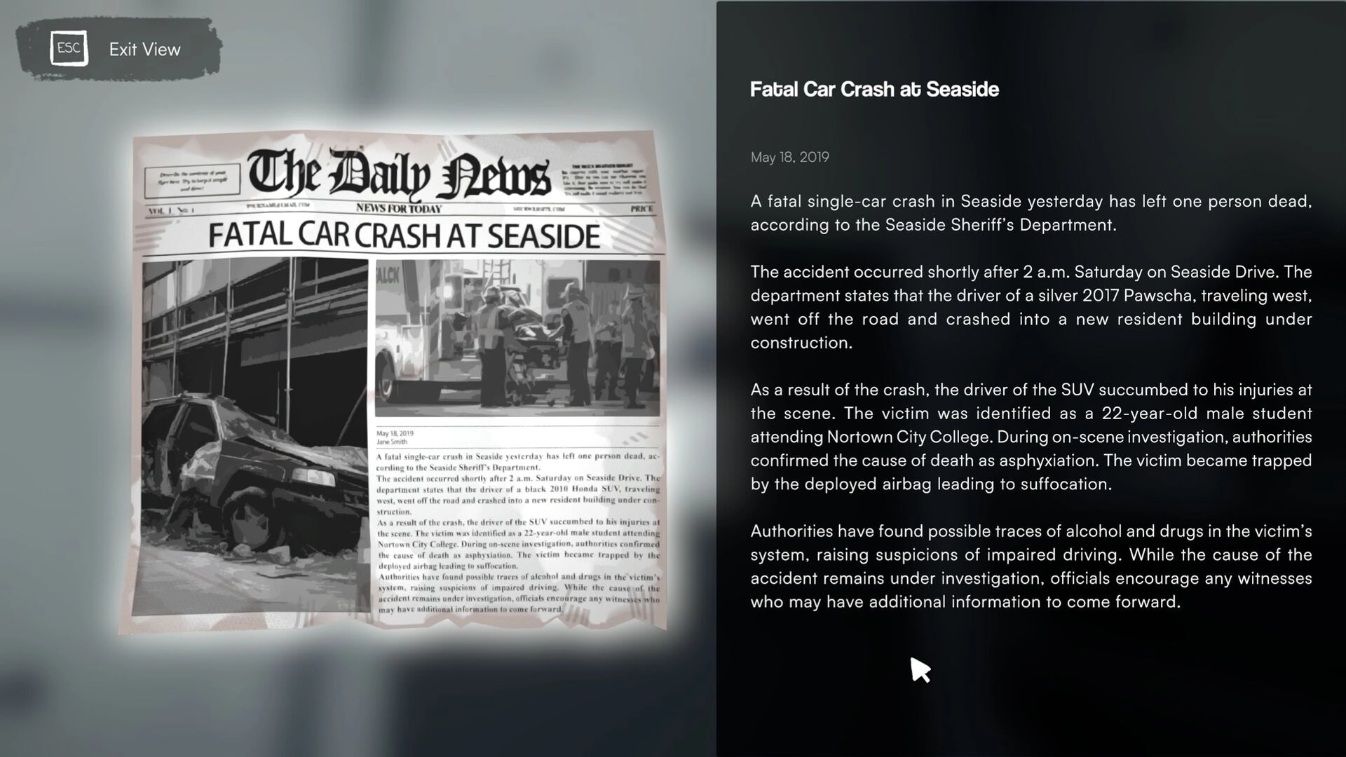 Inkression: Newspaper article about fatal car crash displayed alongside detailed text in dark interface.