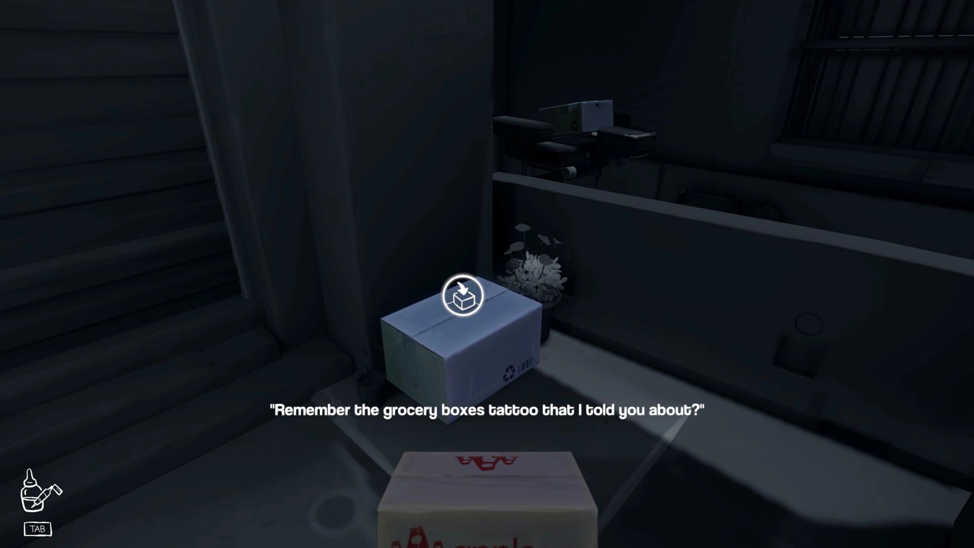 Inkression: Milly inspects a cardboard box with icon prompt in a dimly lit storeroom in Nortown.