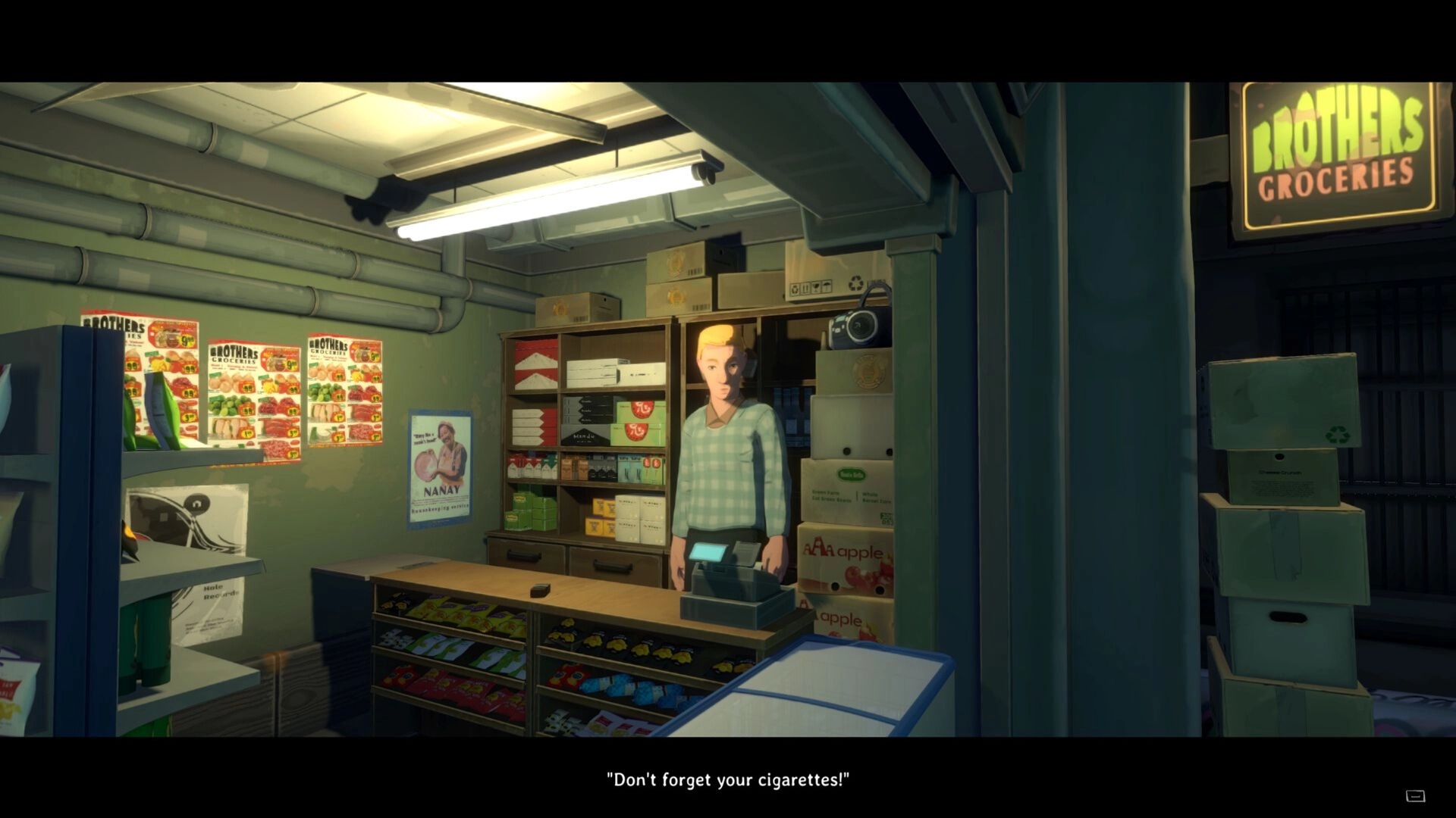 Inkression: Milly talks to a store clerk inside Brothers Groceries, surrounded by shelves and boxes.