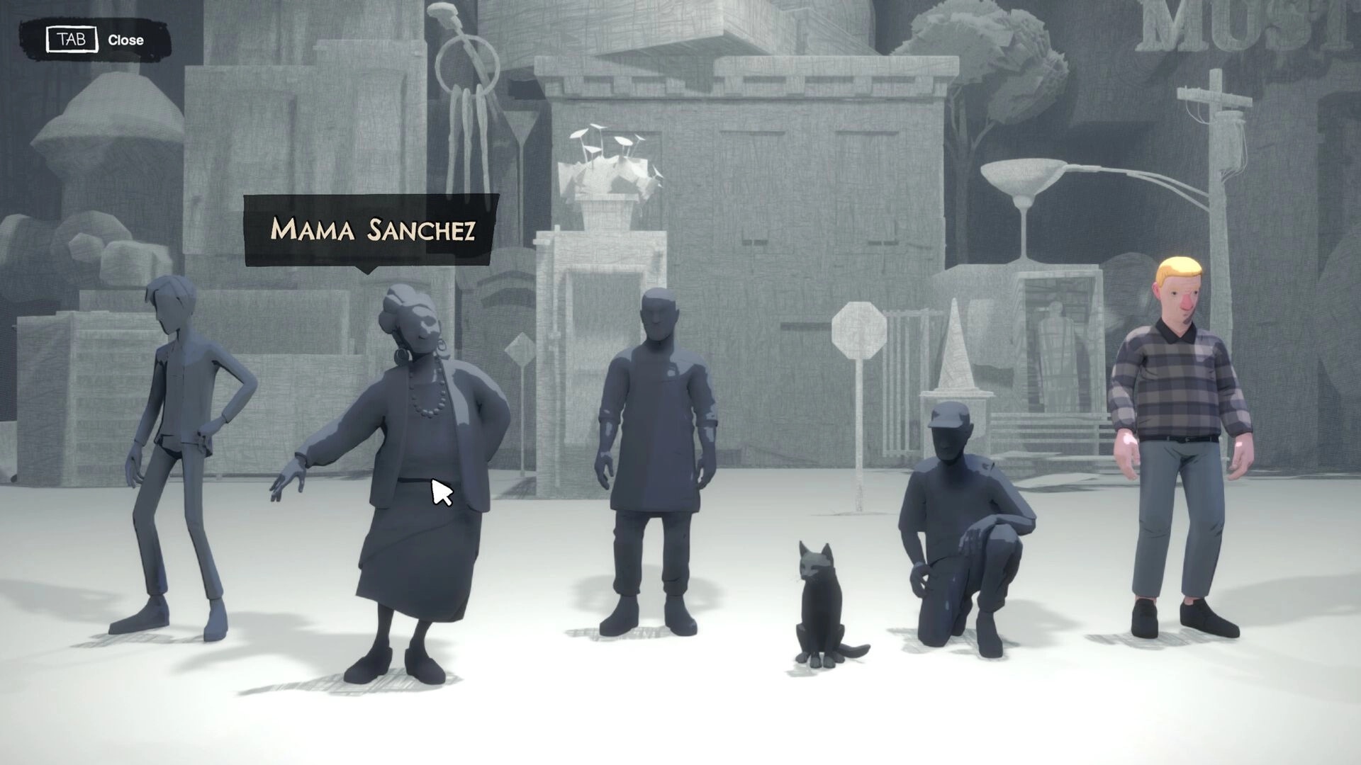 Inkression: Character selection screen with Mama Sanchez highlighted in a grayscale urban setting