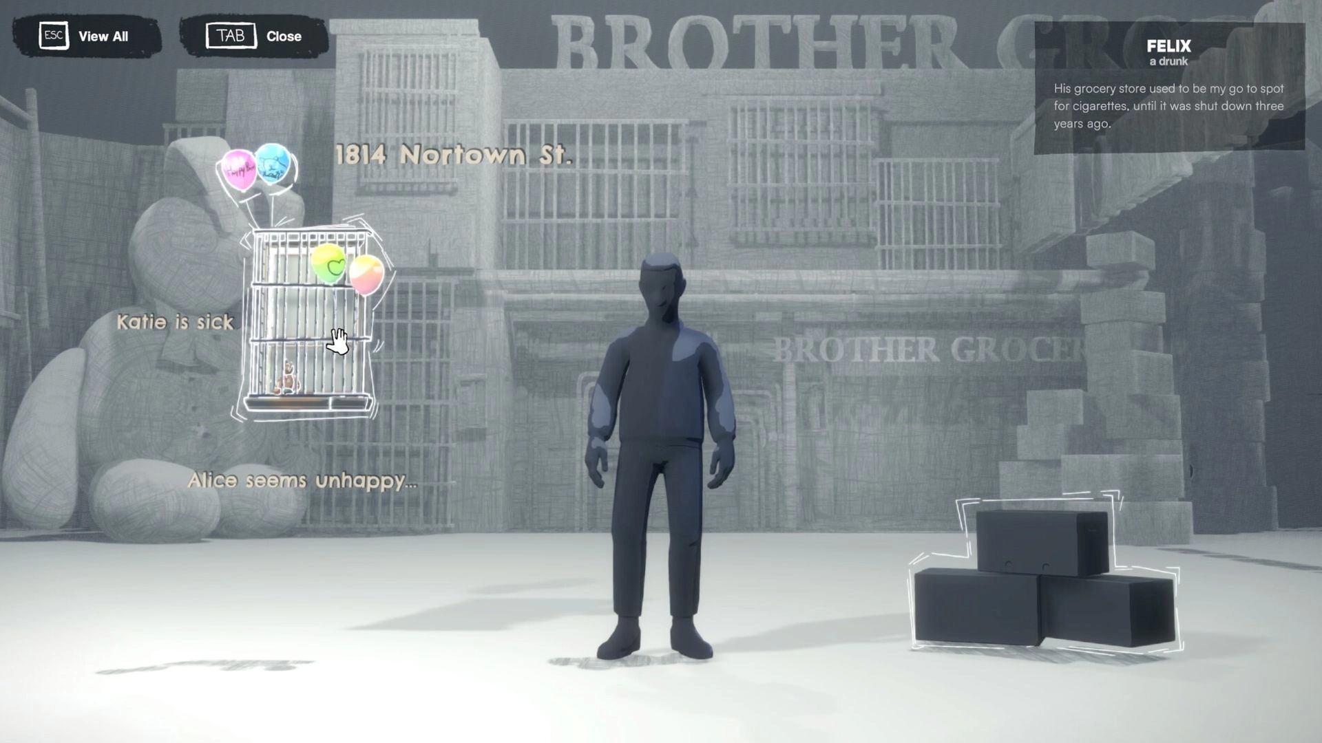Inkression: Character stands in front of Brother Grocery with dialogue about Felix, balloons, and UI elements.