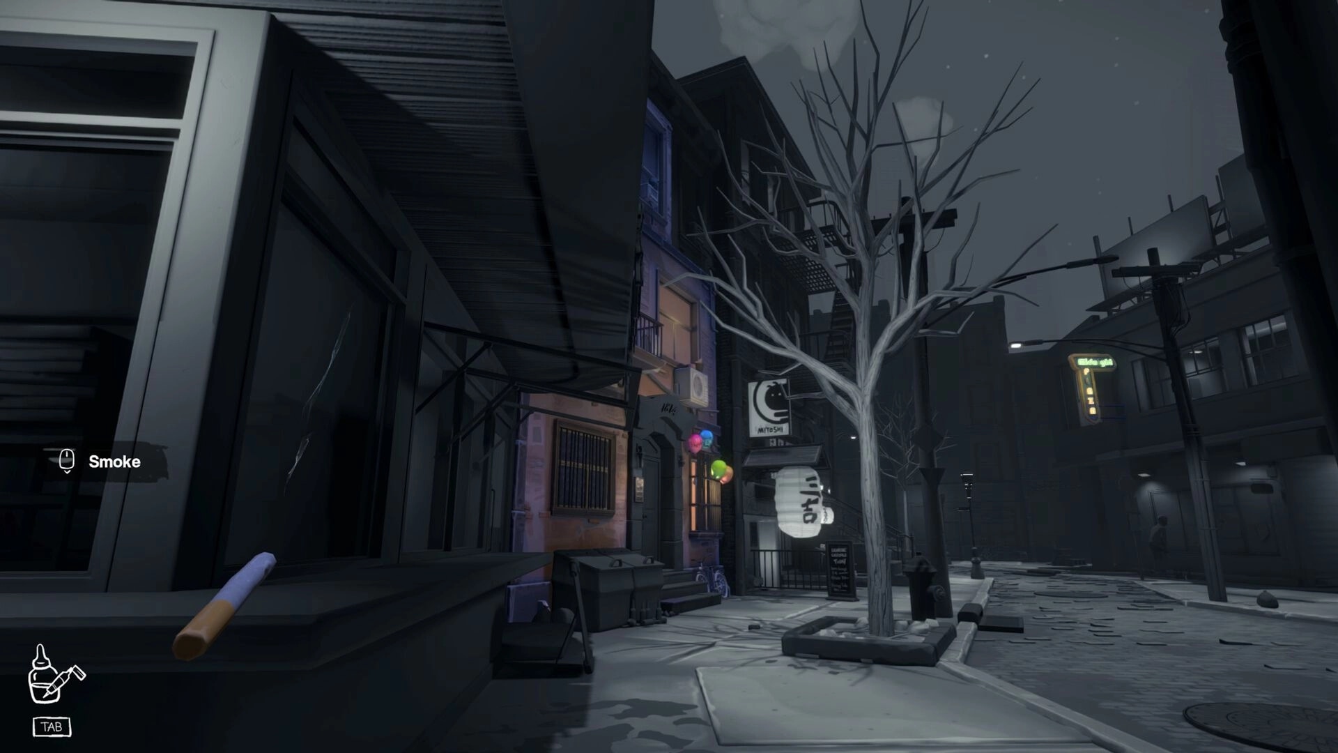 Inkression: Milly stands in dim Nortown street, a smoke icon and barren tree in view