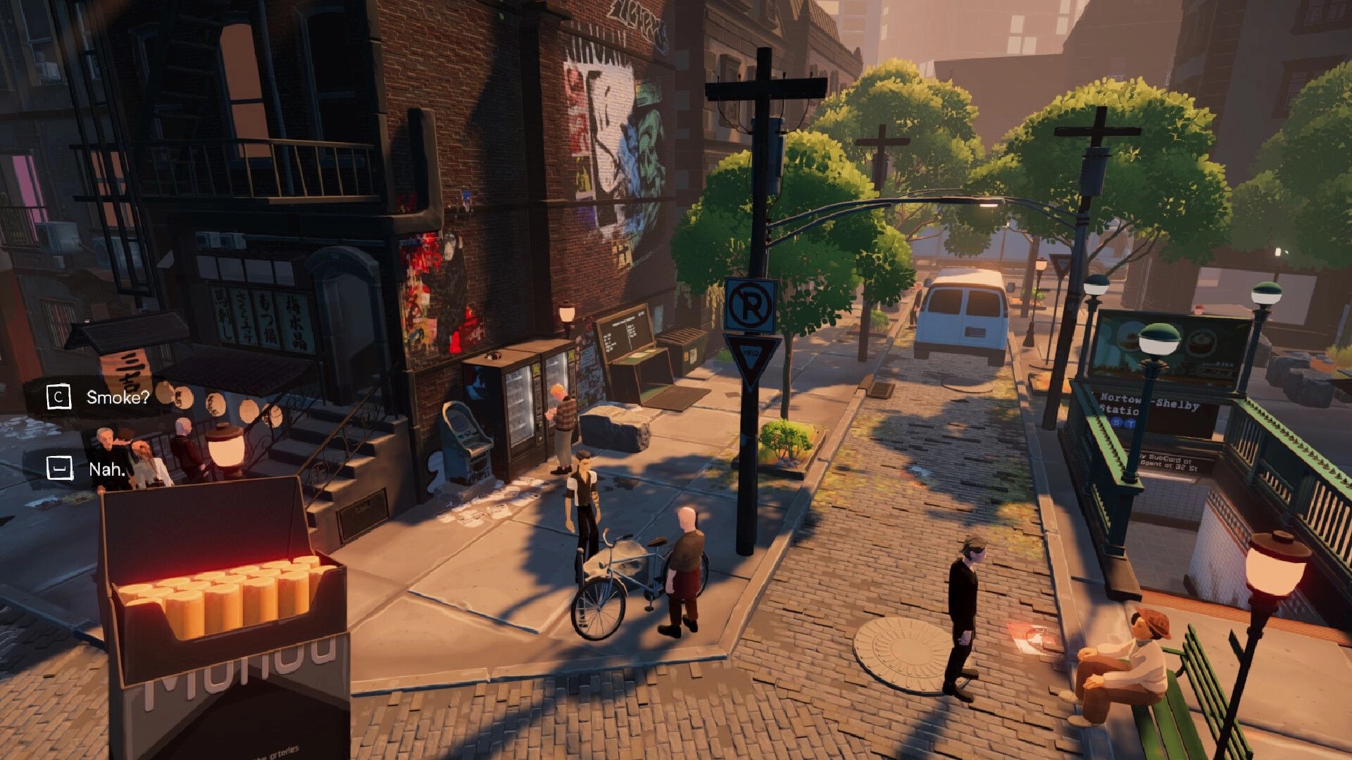 Inkression: Street view with dialogue choices and characters near a building in Nortown's urban setting