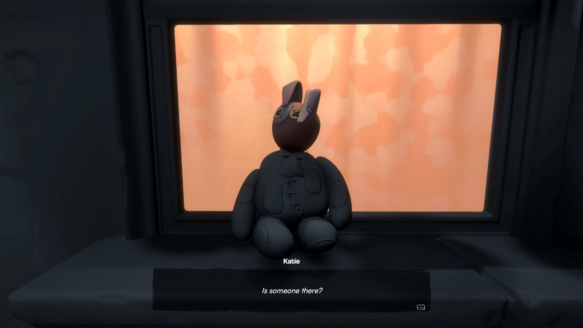 Inkression: Plush rabbit on windowsill with dialogue from Katie in dimly lit room