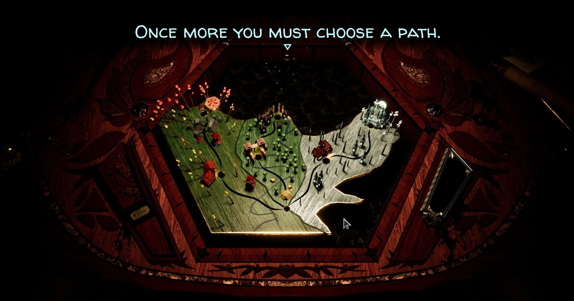 Inkshade: Hexagonal map selection with varied terrains and text prompt "Once more you must choose a path"