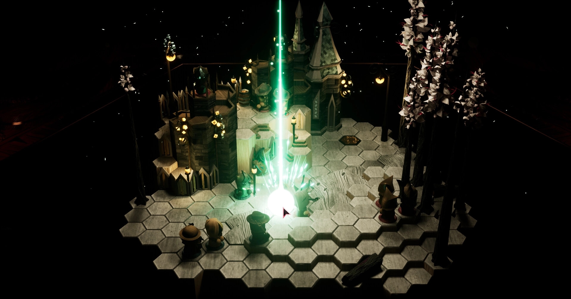 Inkshade: Characters gather on hexagonal grid as green light beam illuminates wooden fortress and trees