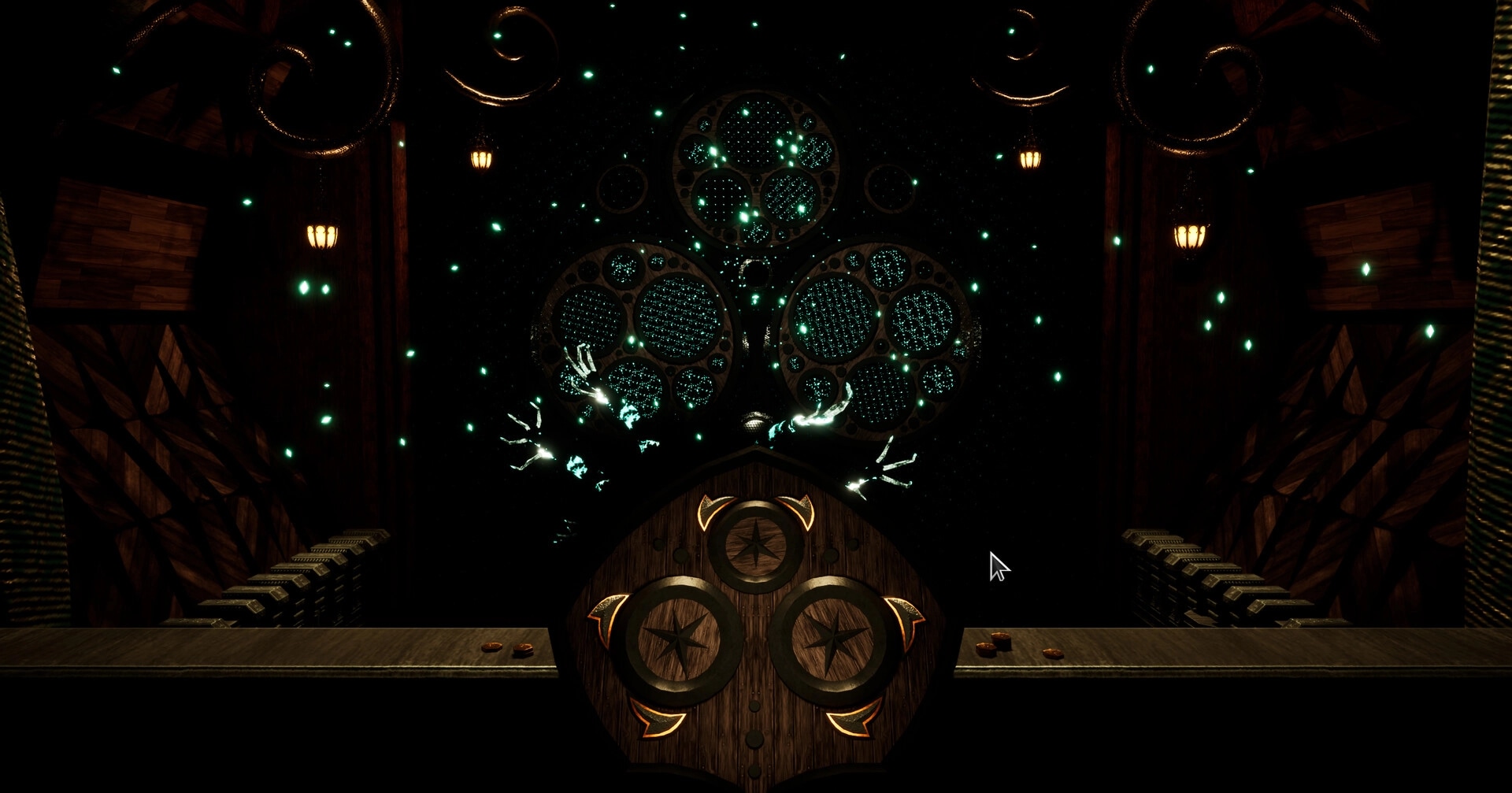 Inkshade: Glowing ethereal hands interact with intricate wooden mechanism in a dimly lit room