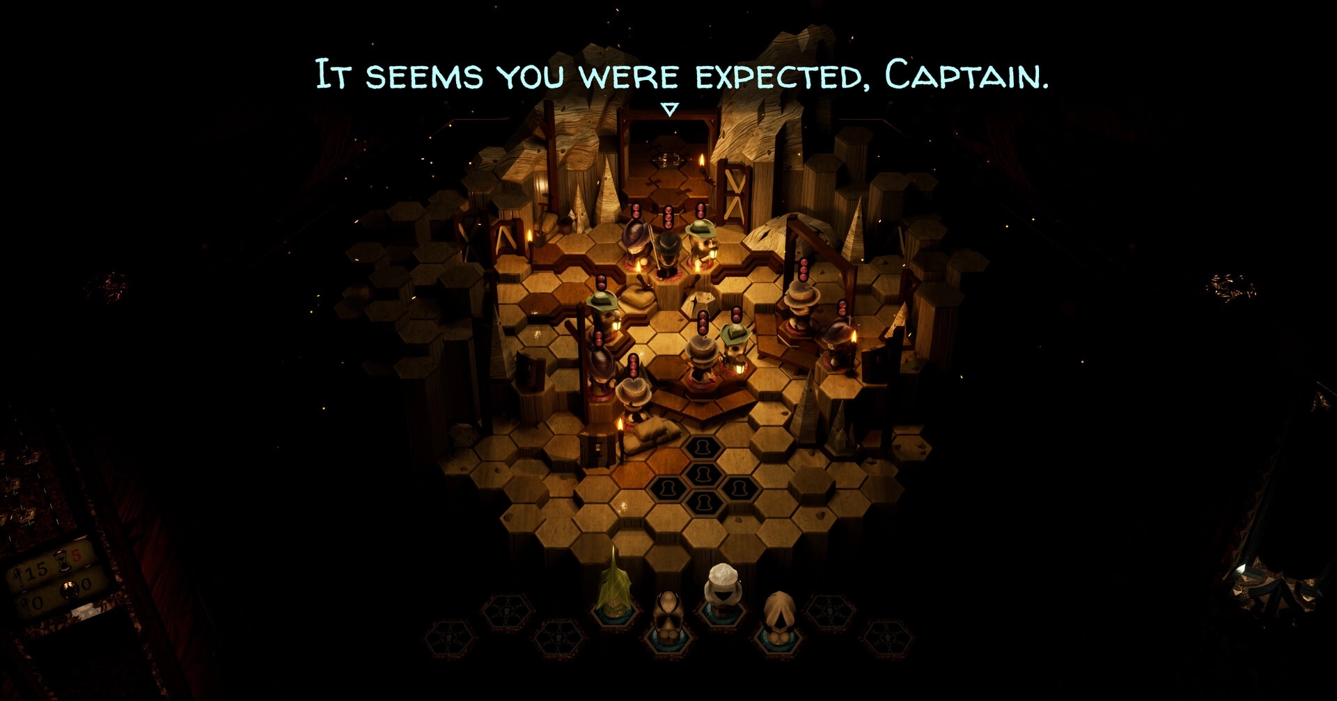 Inkshade: Characters face shadowy foes on hexagonal tiles with dialogue text in a dimly lit room.