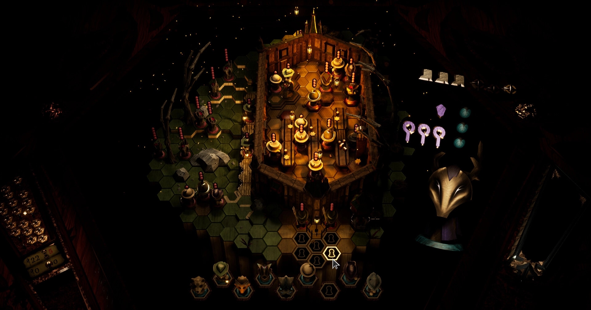 Inkshade: Tactical board with wooden miniatures in a dimly lit room, hexagonal tiles and UI elements.