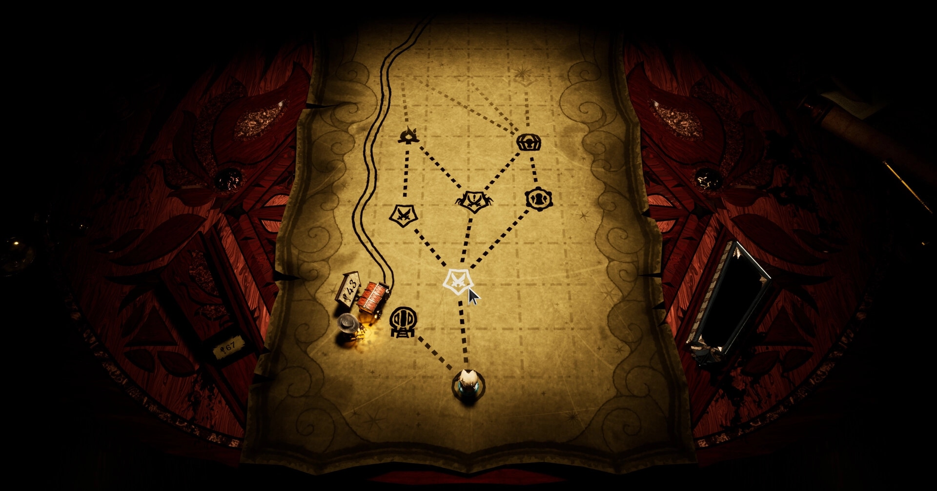 Inkshade: Map navigation screen with dotted paths and icons on a parchment-style background
