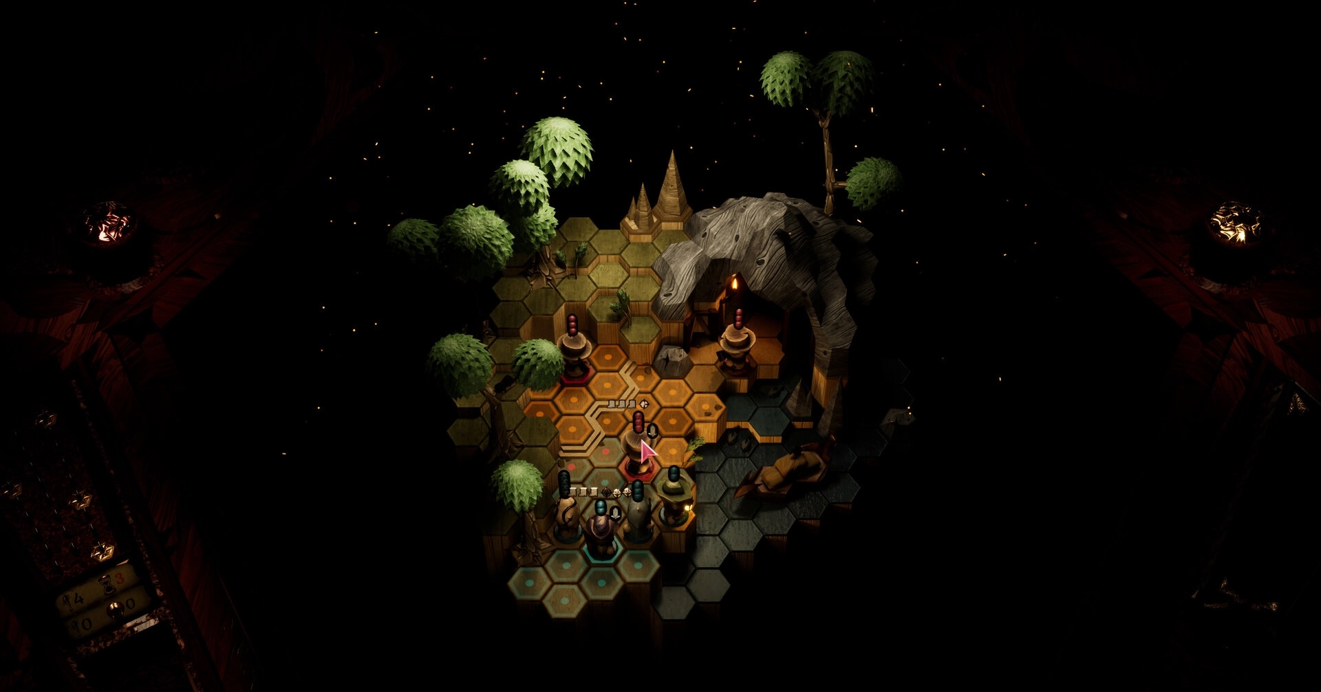 Inkshade: Hexagonal board gameplay with characters strategizing near a cave entrance surrounded by trees