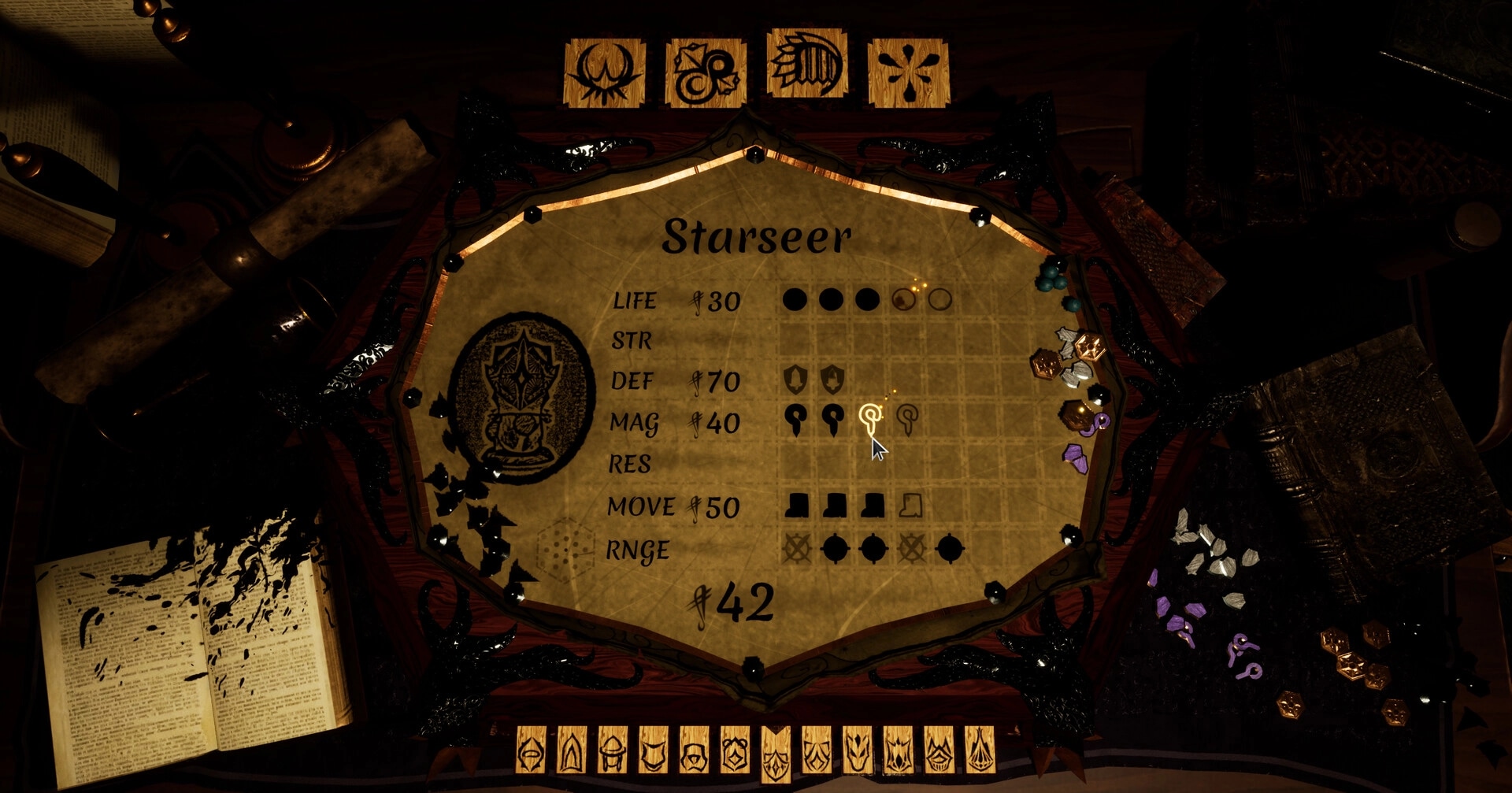 Inkshade: Character stats screen for Starseer with various attributes and symbols in a dimly lit room