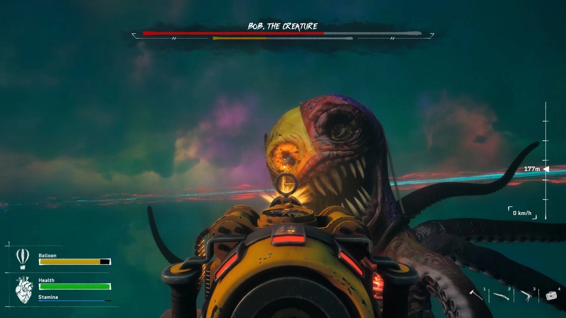 Inky Blinky Bob: Aiming balloon cannon at Bob the Creature boss with health bars in stormy sky.