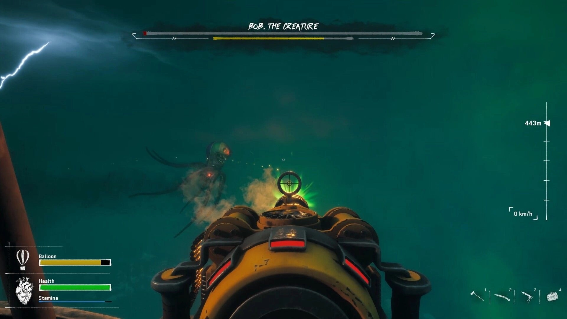 Inky Blinky Bob: Aiming balloon gun at Bob the Creature boss in stormy green sky with HUD bars.