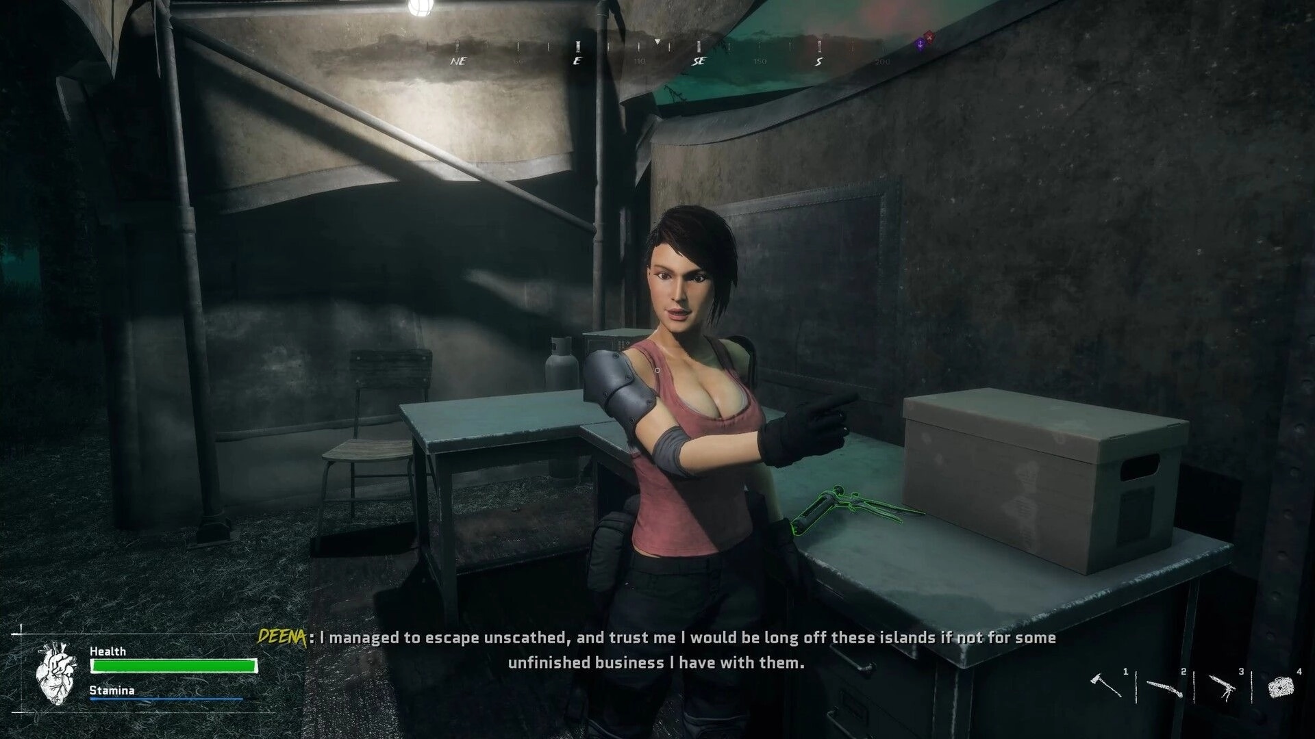 Inky Blinky Bob: Deena talks in a tent camp with health and stamina bars and weapon slots HUD.