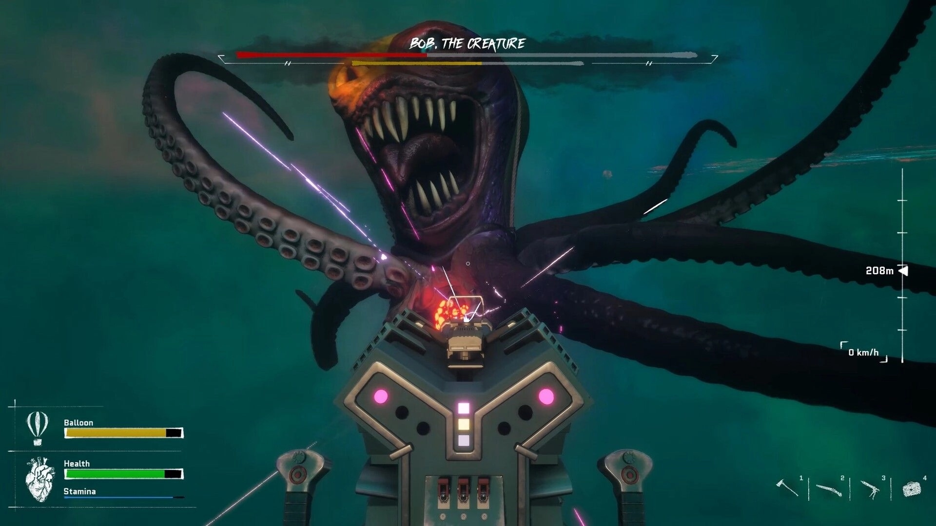 Inky Blinky Bob: Balloon turret firing at Bob the Creature boss over dark ocean with HUD bars.