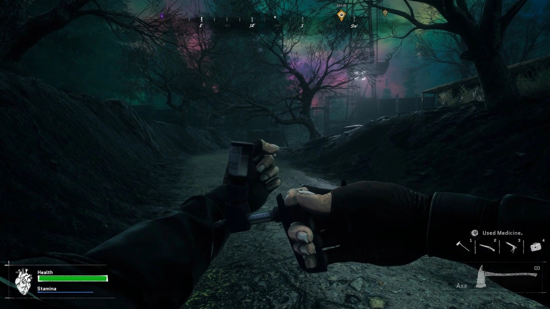 Inky Blinky Bob: First-person healing with syringe and medicine UI on a dark, foggy forest path.