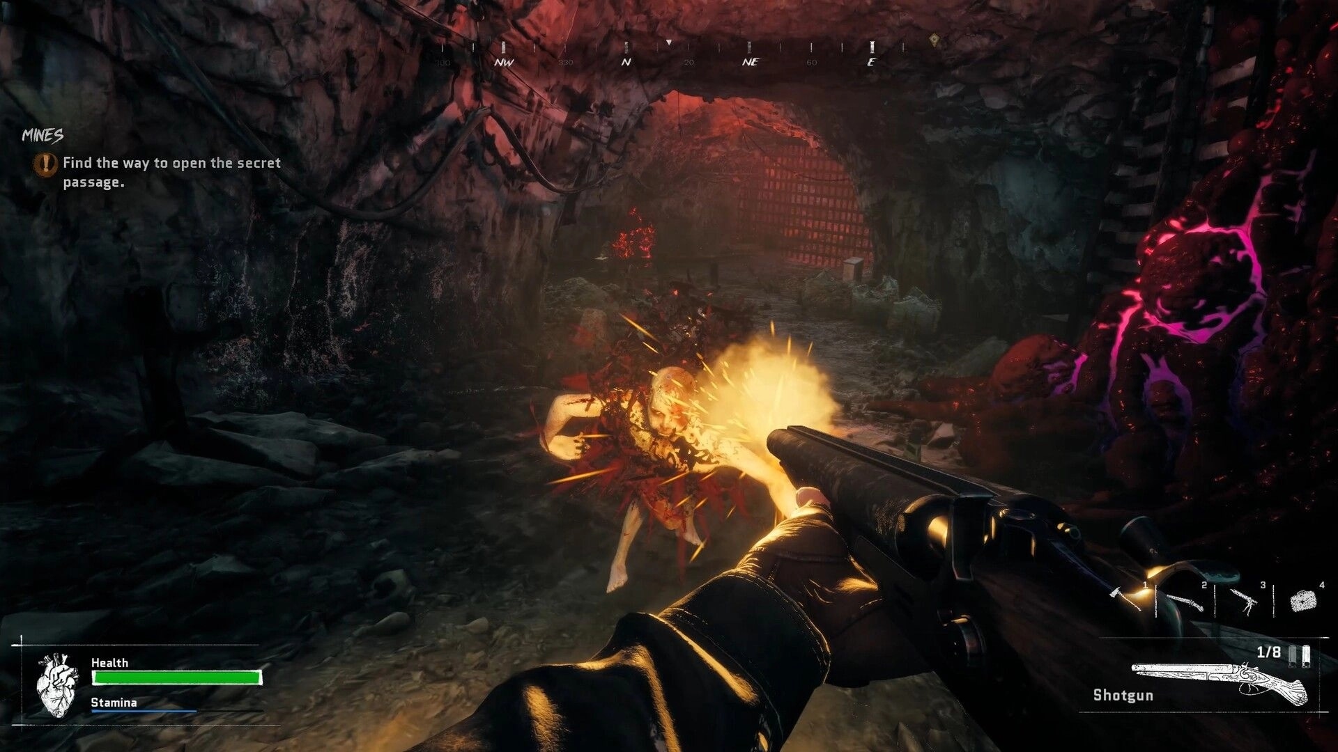 Inky Blinky Bob: First-person shotgun blast hits a lunging mutant inside a dark mine tunnel with HUD.