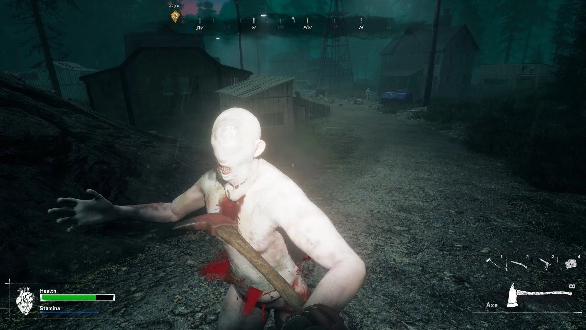Inky Blinky Bob: Axe melee attack on pale mutant with health and stamina HUD in foggy village road.